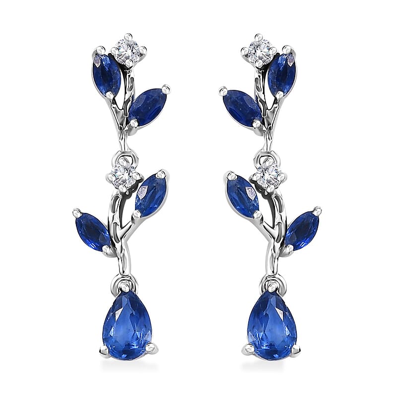 Kashmir Kyanite and White Zircon 2.35 ctw Leaf Earrings in Rhodium Over Sterling Silver