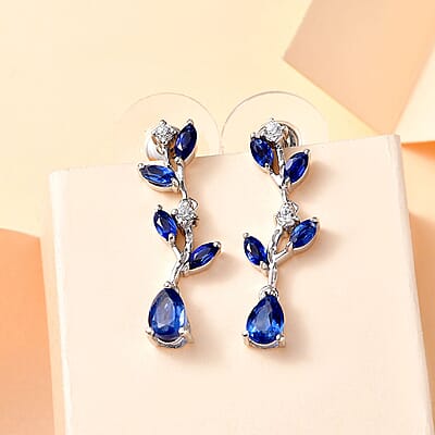 Kashmir Kyanite and White Zircon 2.35 ctw Leaf Earrings in Rhodium Over Sterling Silver
