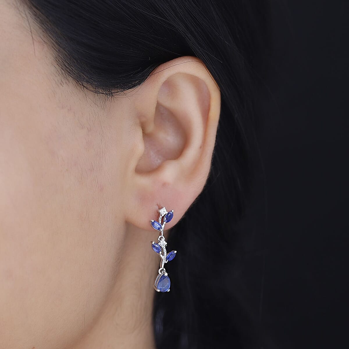 Kashmir Kyanite and White Zircon 2.35 ctw Leaf Earrings in Rhodium Over Sterling Silver image number 2