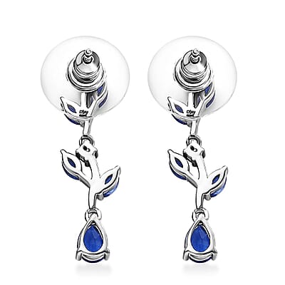 Kashmir Kyanite and White Zircon 2.35 ctw Leaf Earrings in Rhodium Over Sterling Silver