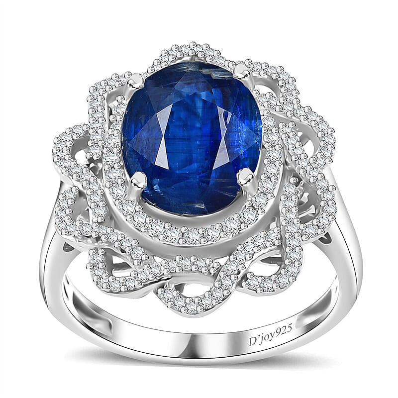 Kashmir Kyanite and Moissanite 5.35 ctw Galaxy Ring in Rhodium Over Sterling Silver (Size 10.0)