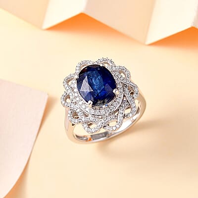 Kashmir Kyanite and Moissanite 5.35 ctw Galaxy Ring in Rhodium Over Sterling Silver (Size 10.0)