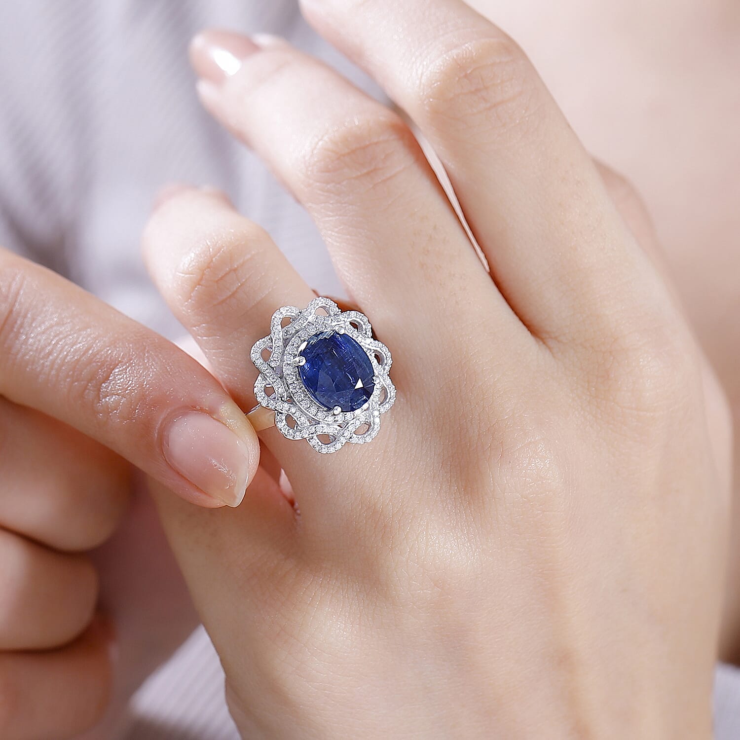 Kashmir Kyanite and Moissanite 5.35 ctw Galaxy Ring in Rhodium Over Sterling Silver (Size 10.0)