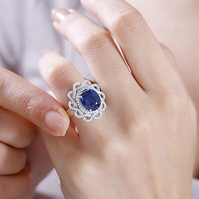 Kashmir Kyanite and Moissanite 5.35 ctw Galaxy Ring in Rhodium Over Sterling Silver (Size 10.0)