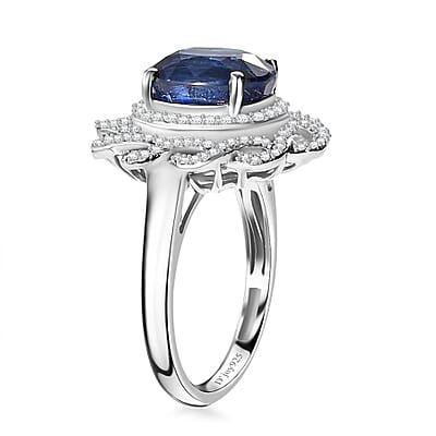 Kashmir Kyanite and Moissanite 5.35 ctw Galaxy Ring in Rhodium Over Sterling Silver (Size 10.0)
