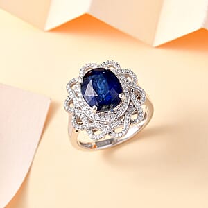 Kashmir Kyanite and Moissanite 5.35 ctw Galaxy Ring in Rhodium Over Sterling Silver (Size 7.0)