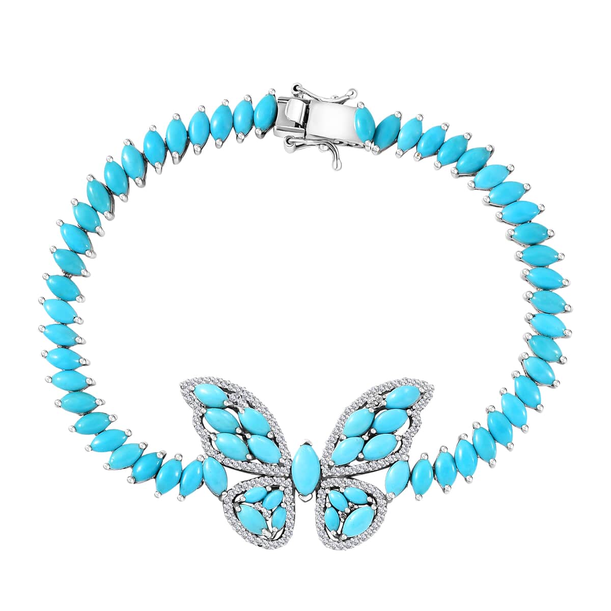 Premium Sleeping Beauty Turquoise and Moissanite 18.30 ctw Butterfly Bracelet in Rhodium Over Sterling Silver (8.00 In) image number 0