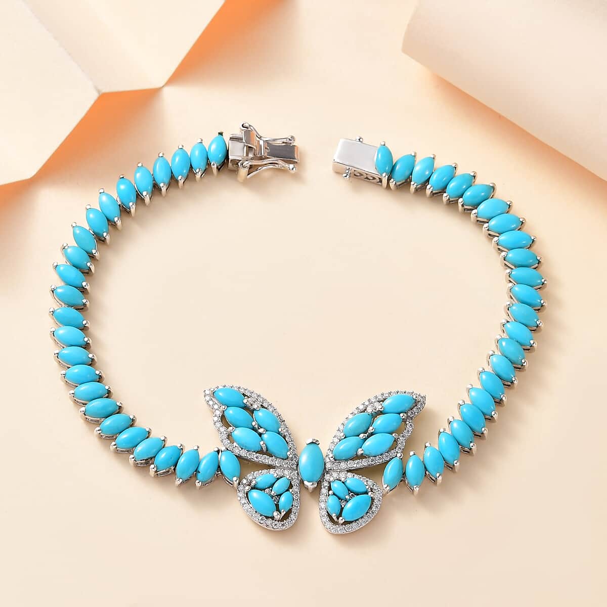 Premium Sleeping Beauty Turquoise and Moissanite 18.30 ctw Butterfly Bracelet in Rhodium Over Sterling Silver (8.00 In) image number 1