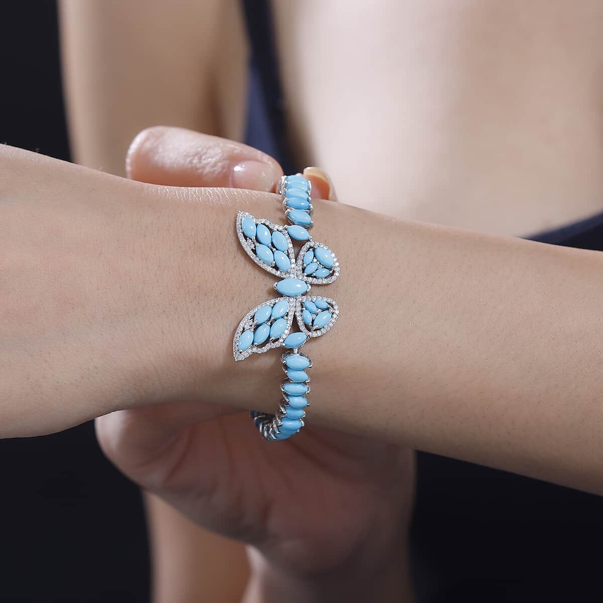 Premium Sleeping Beauty Turquoise and Moissanite 18.30 ctw Butterfly Bracelet in Rhodium Over Sterling Silver (8.00 In) image number 2