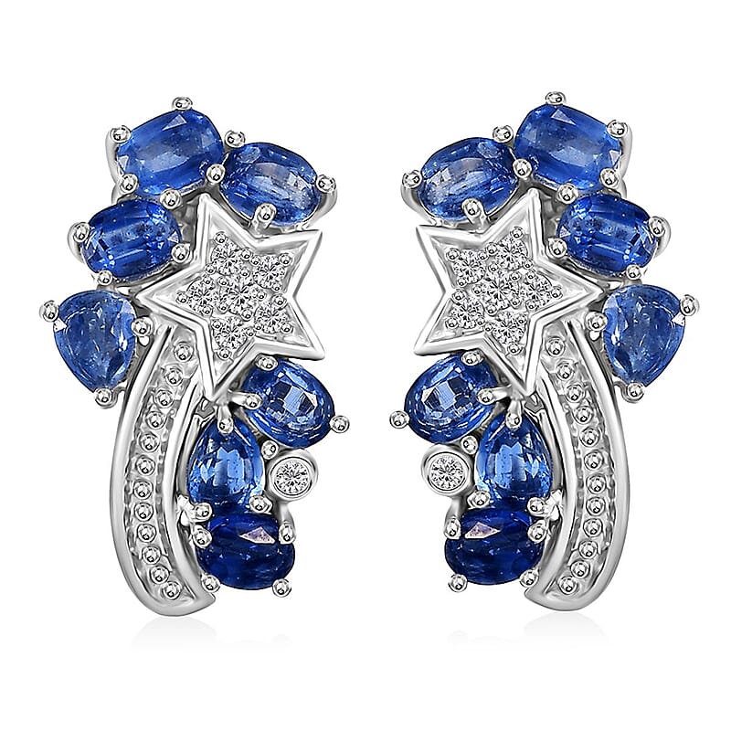 Kashmir Kyanite and White Zircon 3.40 ctw Shooting Star Earrings in Rhodium Over Sterling Silver