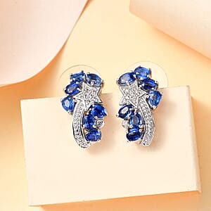 Kashmir Kyanite and White Zircon 3.40 ctw Shooting Star Earrings in Rhodium Over Sterling Silver