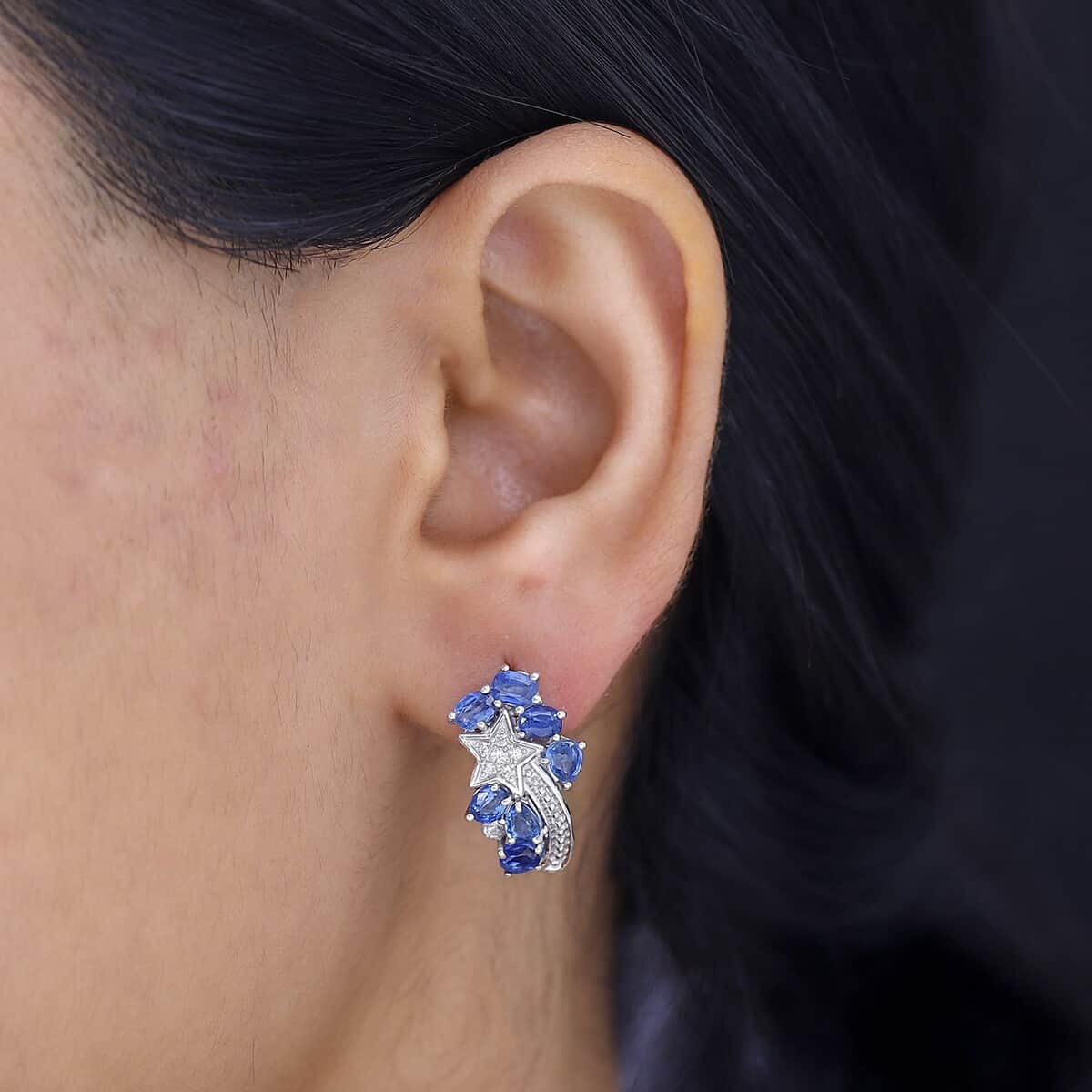 Kashmir Kyanite and White Zircon 3.40 ctw Shooting Star Earrings in Rhodium Over Sterling Silver image number 2