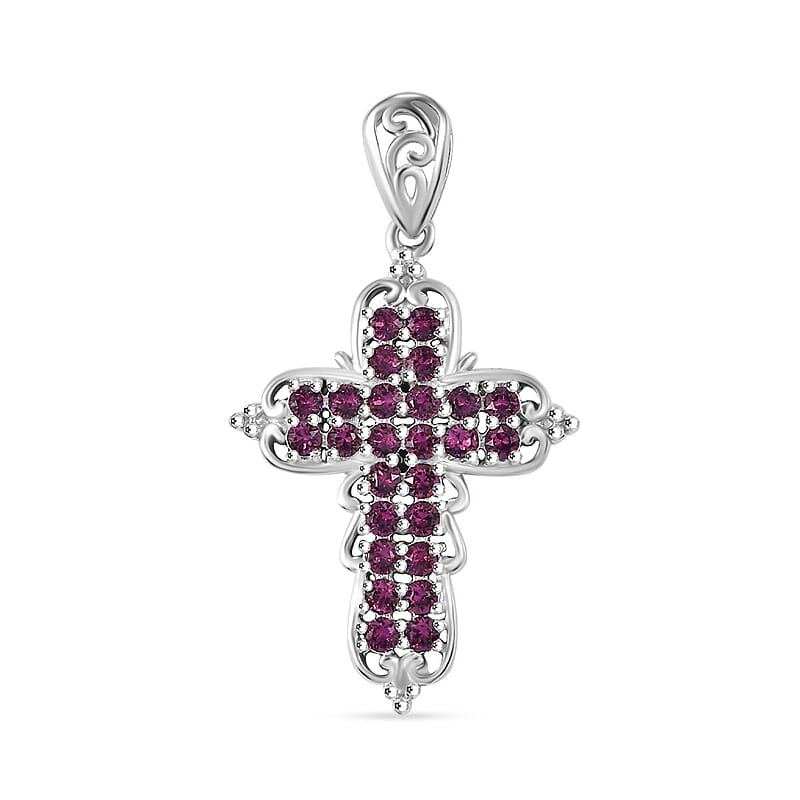 J Francis Embellished with Amethyst Color Crystal by Swarovski Cross Pendant without Chain in Platinum Bond