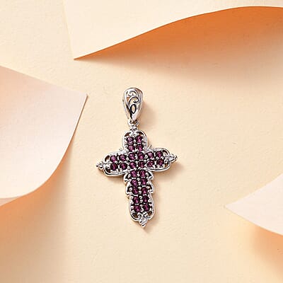 J Francis Embellished with Amethyst Color Crystal by Swarovski Cross Pendant without Chain in Platinum Bond