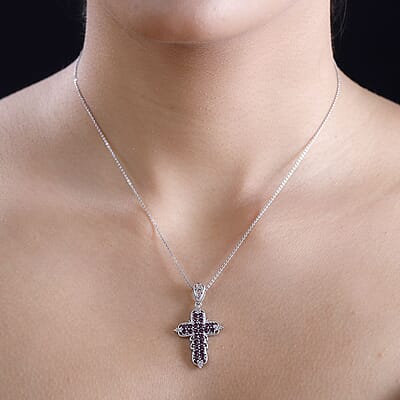 J Francis Embellished with Amethyst Color Crystal by Swarovski Cross Pendant without Chain in Platinum Bond