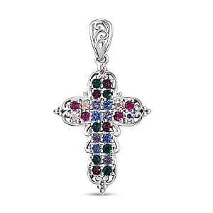 J Francis Embellished with Multi Color Crystal by Swarovski Cross Pendant without Chain in Platinum Bond