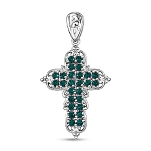J Francis Embellished with Emerald Color Crystal by Swarovski Cross Pendant without Chain in Platinum Bond 