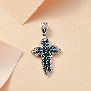 J Francis Embellished with Emerald Color Crystal by Swarovski Cross Pendant without Chain in Platinum Bond 
