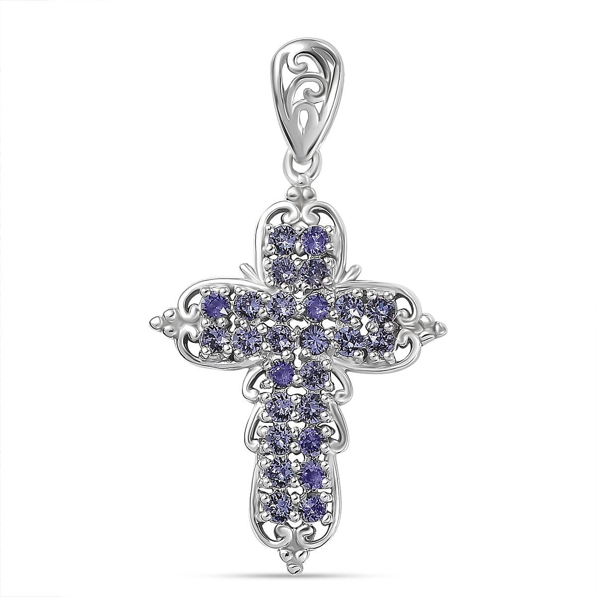 J Francis Embellished with Tanzanite Color Crystal by Swarovski Cross Pendant in Platinum Bond