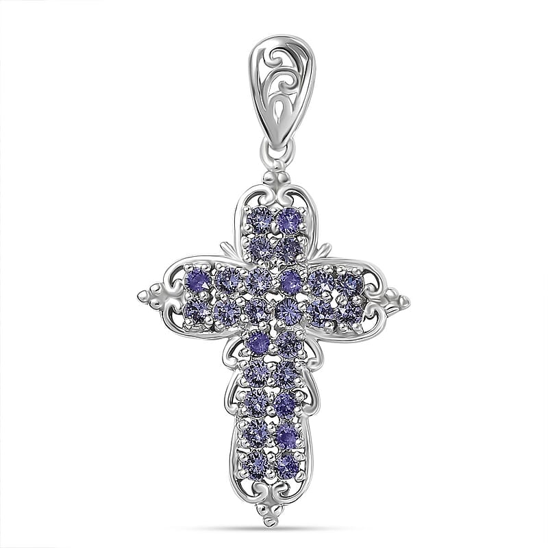 J Francis Embellished with Tanzanite Color Crystal by Swarovski Cross Pendant without Chain in Platinum Bond