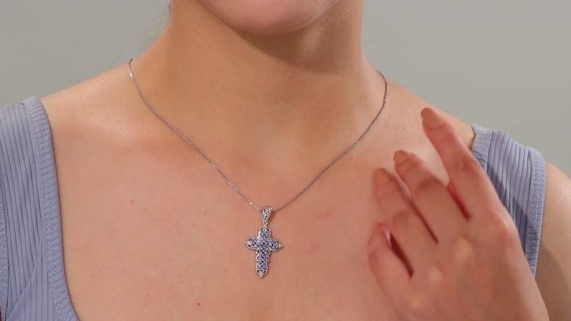 J Francis Embellished with Tanzanite Color Crystal by Swarovski Cross Pendant in Platinum Bond