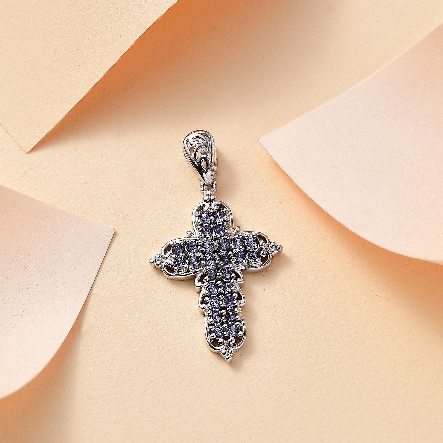 J Francis Embellished with Tanzanite Color Crystal by Swarovski Cross Pendant without Chain in Platinum Bond