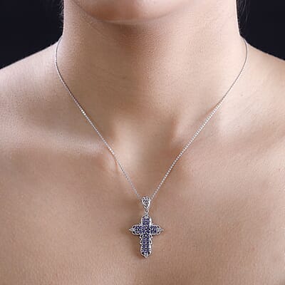 J Francis Embellished with Tanzanite Color Crystal by Swarovski Cross Pendant without Chain in Platinum Bond