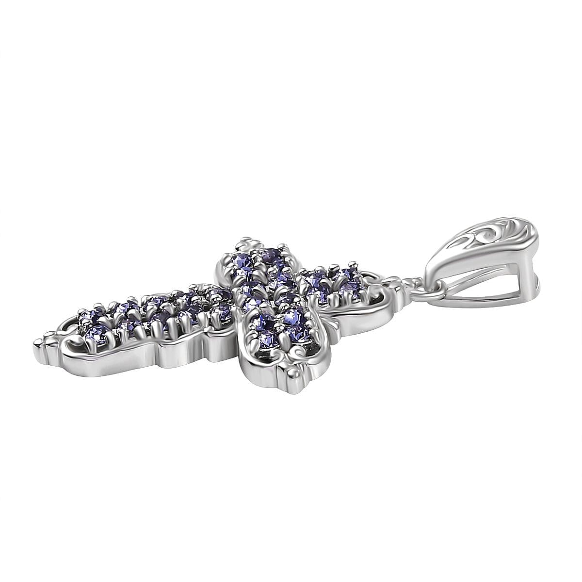 J Francis Embellished with Tanzanite Color Crystal by Swarovski Cross Pendant without Chain in Platinum Bond