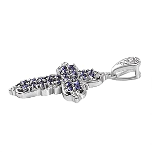 J Francis Embellished with Tanzanite Color Crystal by Swarovski Cross Pendant without Chain in Platinum Bond 