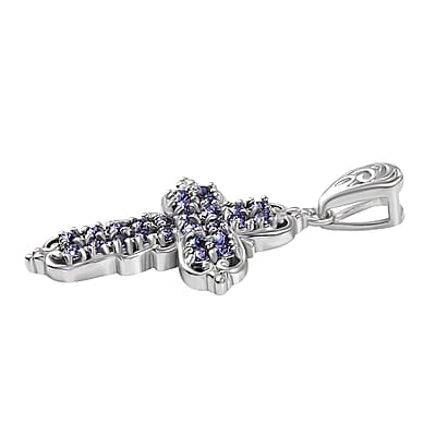 J Francis Embellished with Tanzanite Color Crystal by Swarovski Cross Pendant without Chain in Platinum Bond