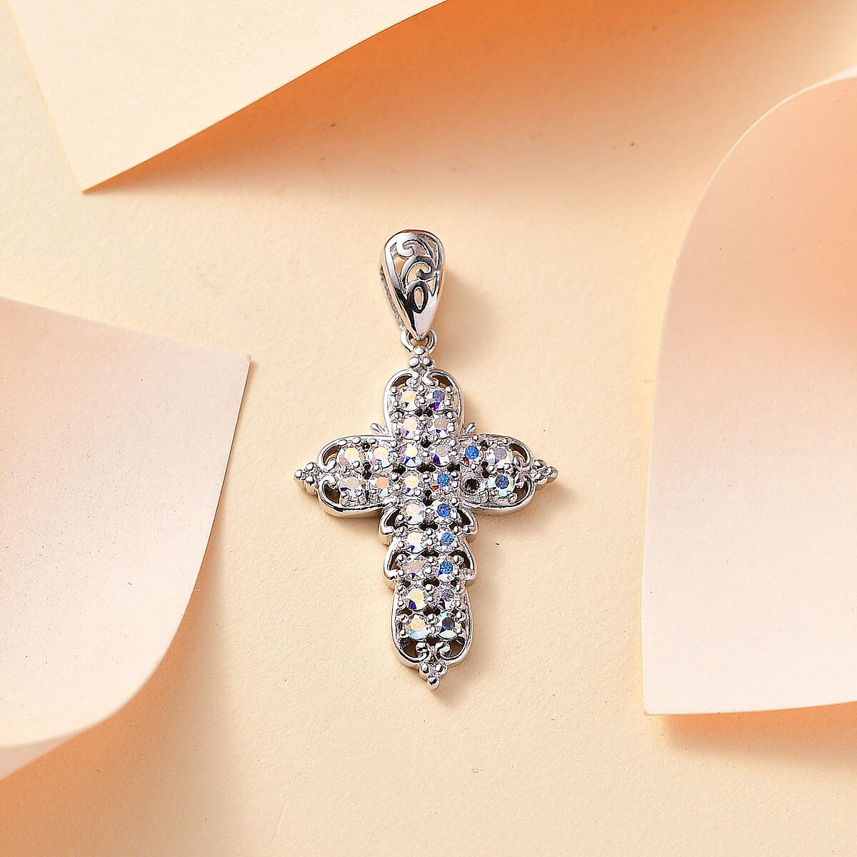 J Francis Embellished with Aurora Borealis Crystal by Swarovski Cross Pendant without Chain in Platinum Bond  image number 1