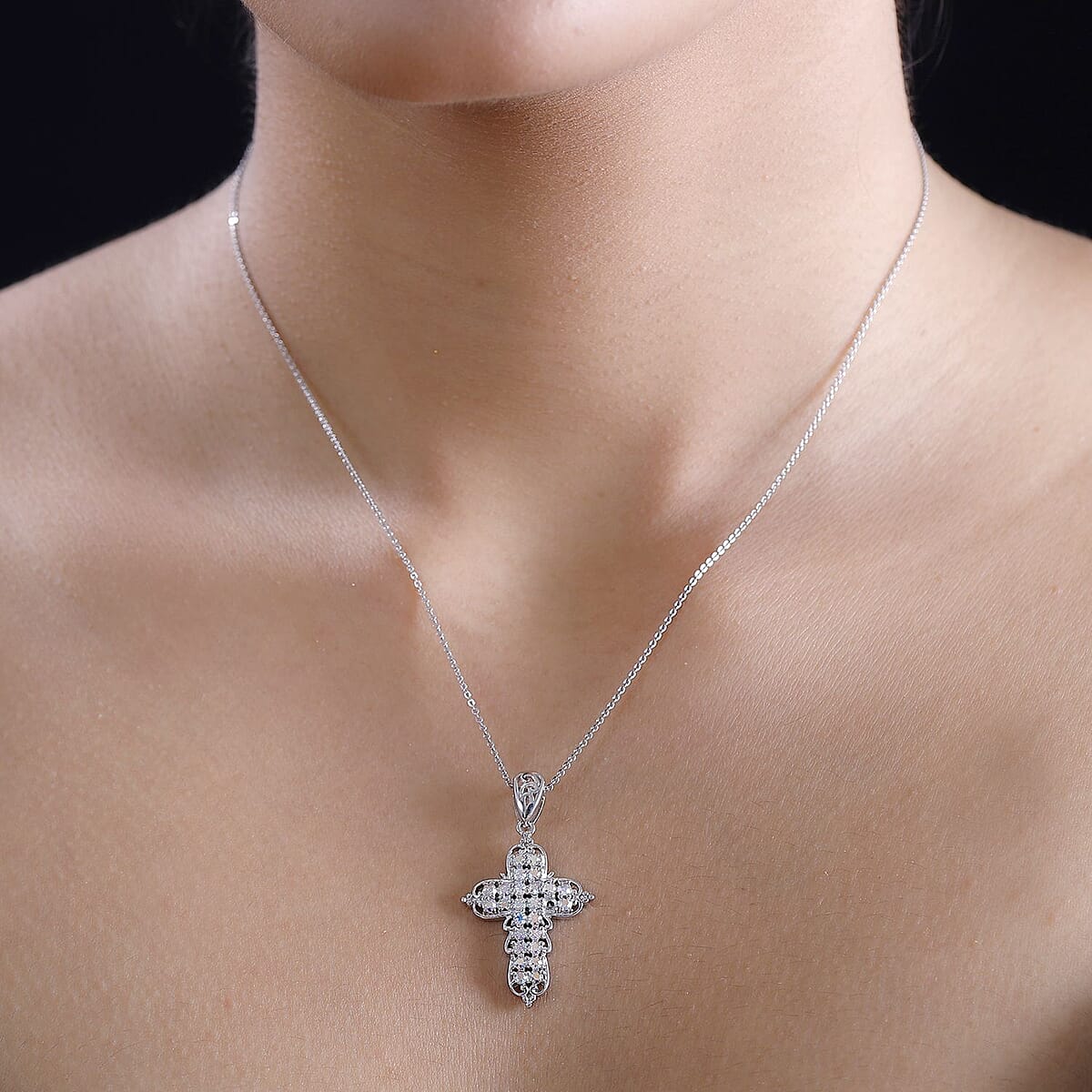 J Francis Embellished with Aurora Borealis Crystal by Swarovski Cross Pendant without Chain in Platinum Bond  image number 2