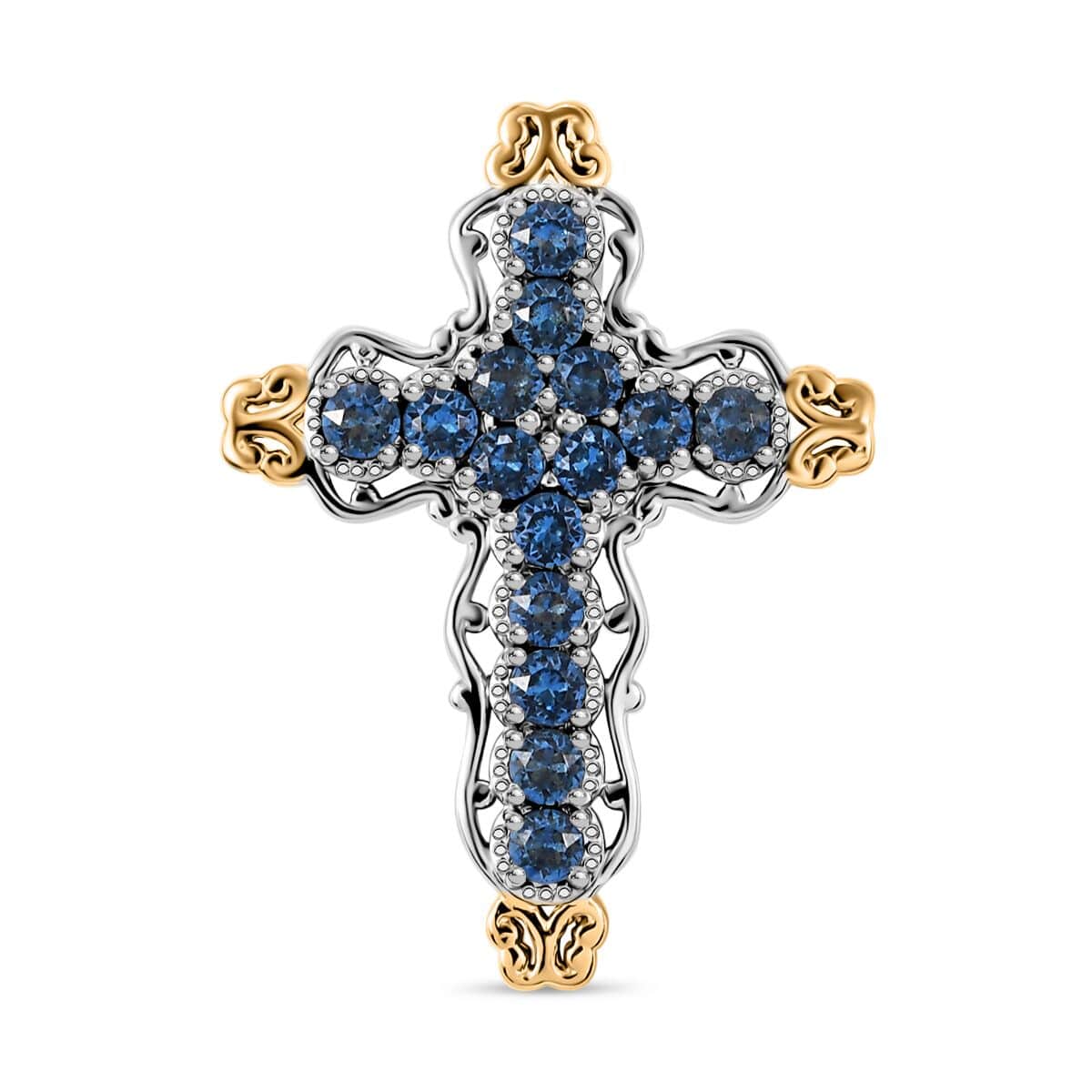 J Francis Embellished with Denim Blue Color Crystal by Swarovski Cross Pendant in 18K YG Plated and Platinum Bond image number 0