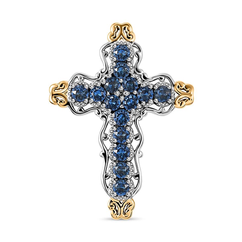 J Francis Embellished with Denim Blue Color Crystal by Swarovski Cross Pendant without Chain in 18K YG Plated and Platinum Bond