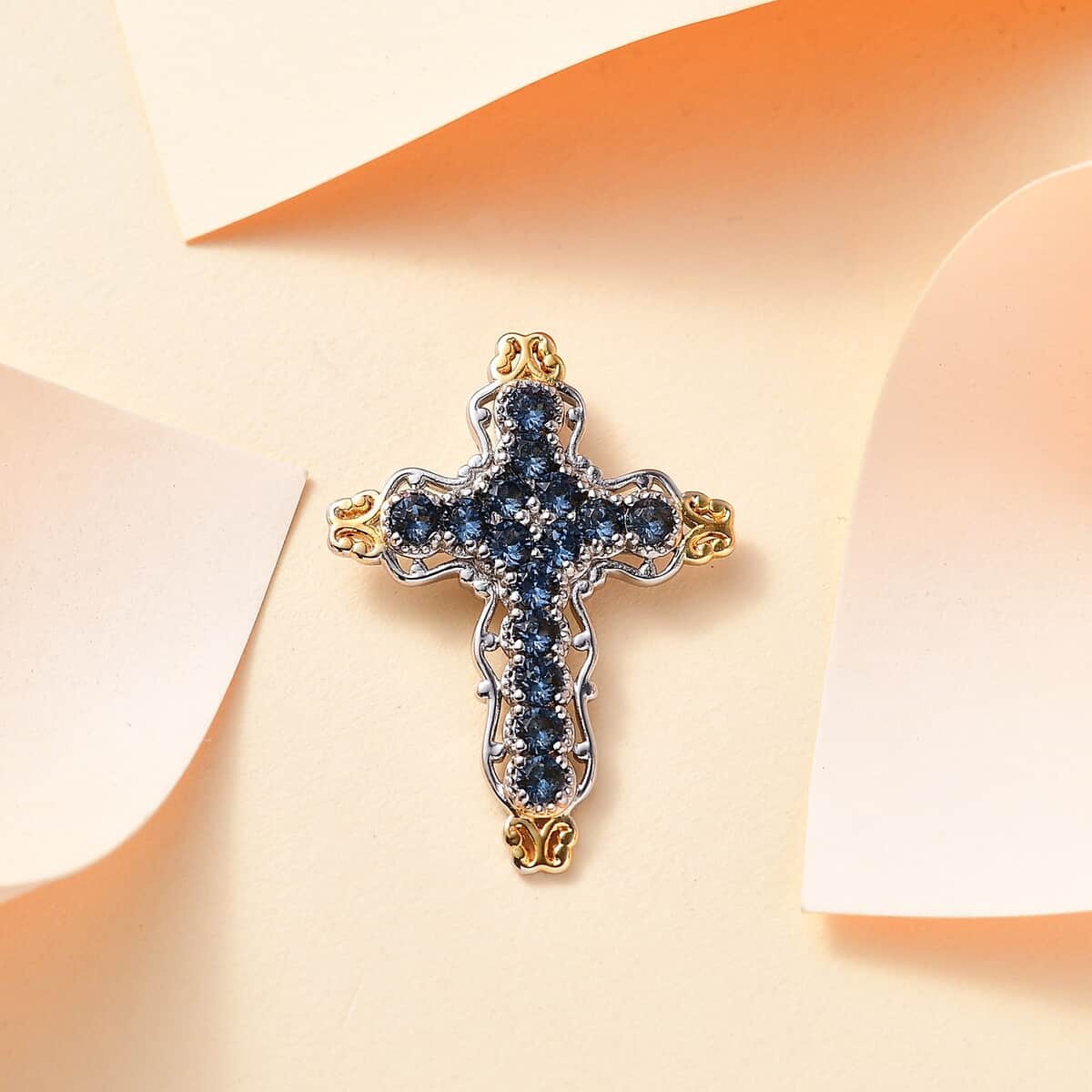 J Francis Embellished with Denim Blue Color Crystal by Swarovski Cross Pendant in 18K YG Plated and Platinum Bond image number 1