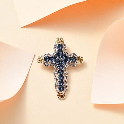 J Francis Embellished with Denim Blue Color Crystal by Swarovski Cross Pendant without Chain in 18K YG Plated and Platinum Bond