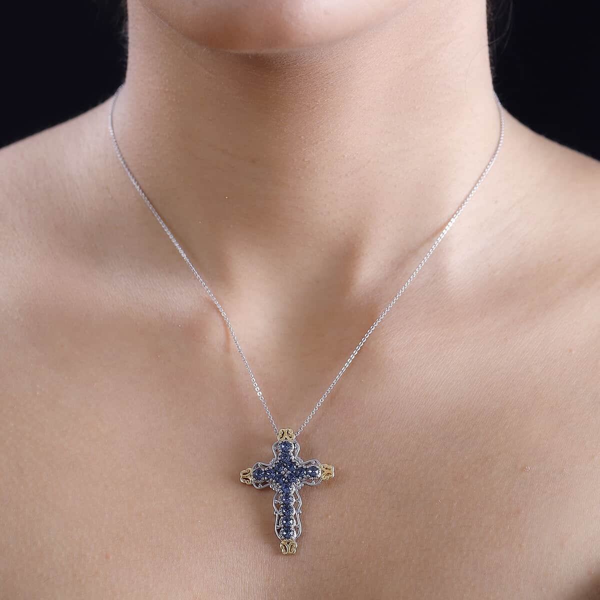 J Francis Embellished with Denim Blue Color Crystal by Swarovski Cross Pendant in 18K YG Plated and Platinum Bond image number 2