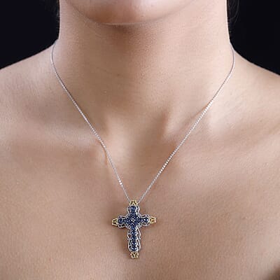 J Francis Embellished with Denim Blue Color Crystal by Swarovski Cross Pendant without Chain in 18K YG Plated and Platinum Bond