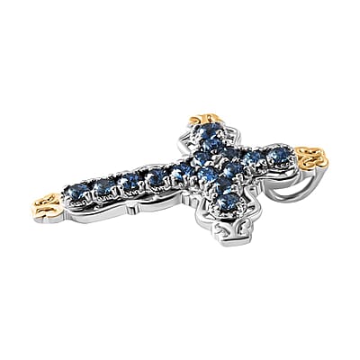 J Francis Embellished with Denim Blue Color Crystal by Swarovski Cross Pendant without Chain in 18K YG Plated and Platinum Bond