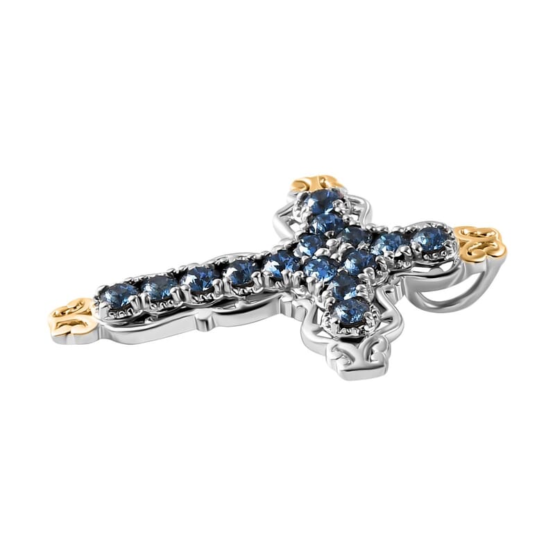 J Francis Embellished with Denim Blue Color Crystal by Swarovski Cross Pendant without Chain in 18K YG Plated and Platinum Bond