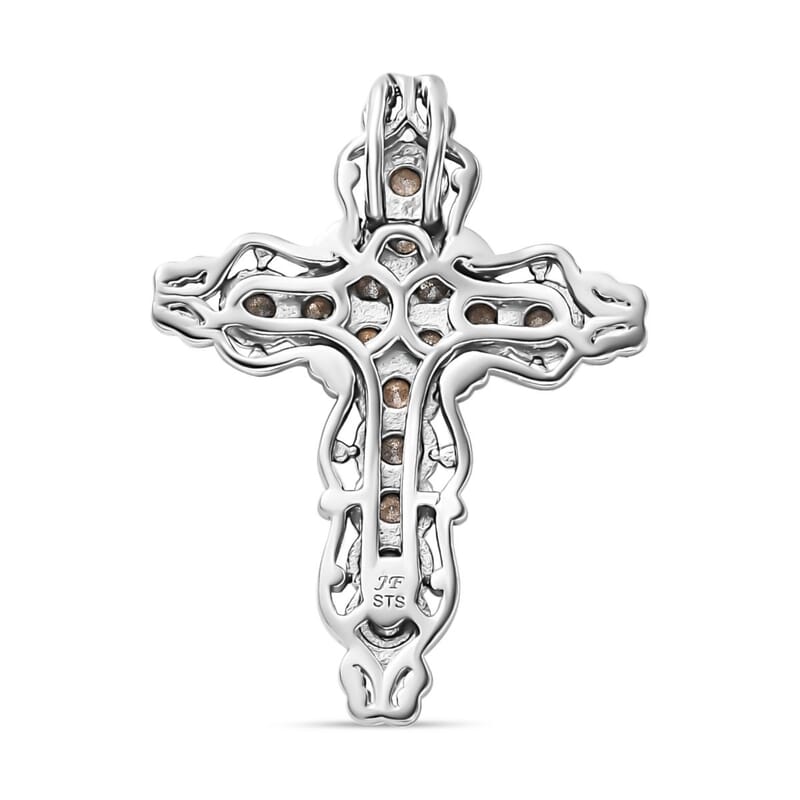 J Francis Embellished with Denim Blue Color Crystal by Swarovski Cross Pendant without Chain in 18K YG Plated and Platinum Bond