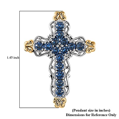J Francis Embellished with Denim Blue Color Crystal by Swarovski Cross Pendant without Chain in 18K YG Plated and Platinum Bond