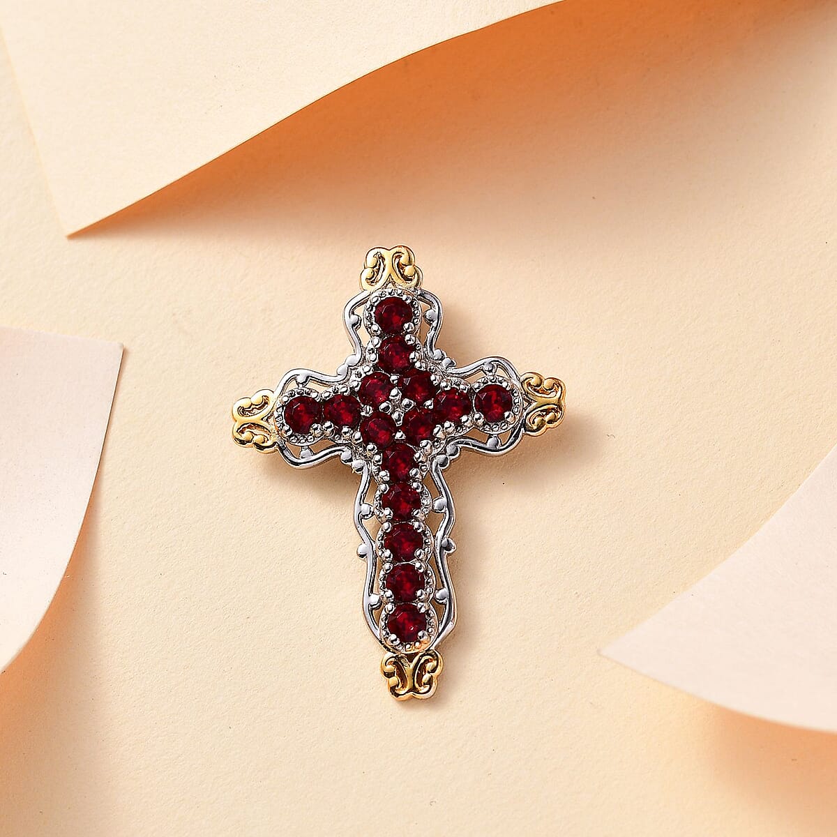 J Francis Embellished with Siam Color Crystal by Swarovski Cross Pendant without Chain in 18K YG Plated and Platinum Bond image number 1