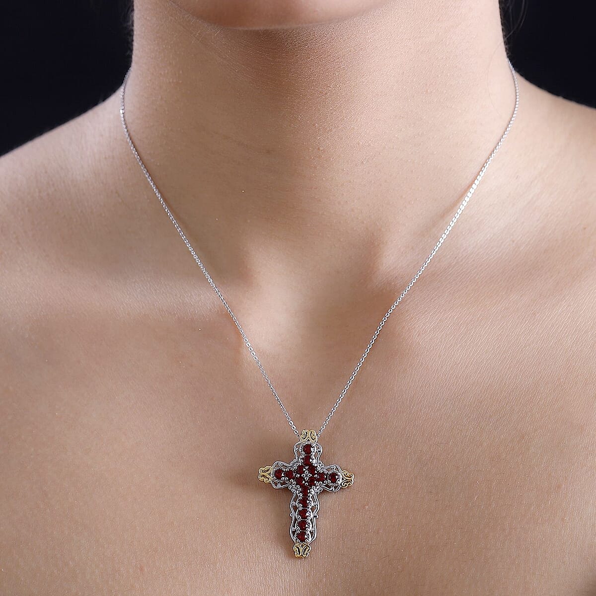J Francis Embellished with Siam Color Crystal by Swarovski Cross Pendant without Chain in 18K YG Plated and Platinum Bond image number 2