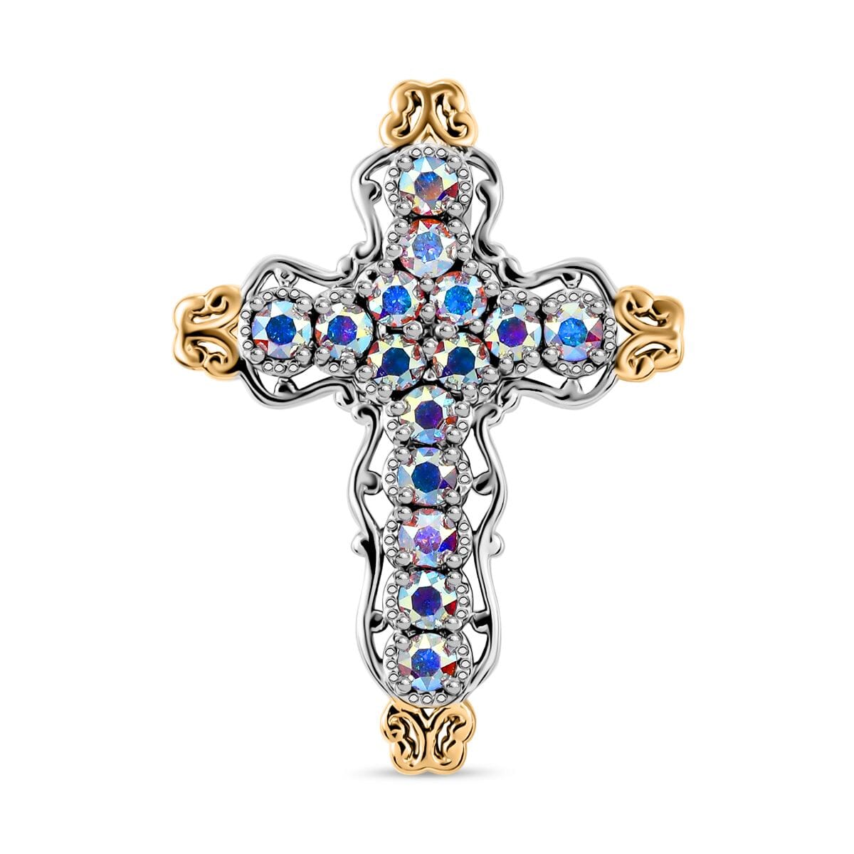 J Francis Embellished with Aurora Borealis Crystal by Swarovski Cross Pendant without Chain in 18K YG Plated and Platinum Bond image number 0