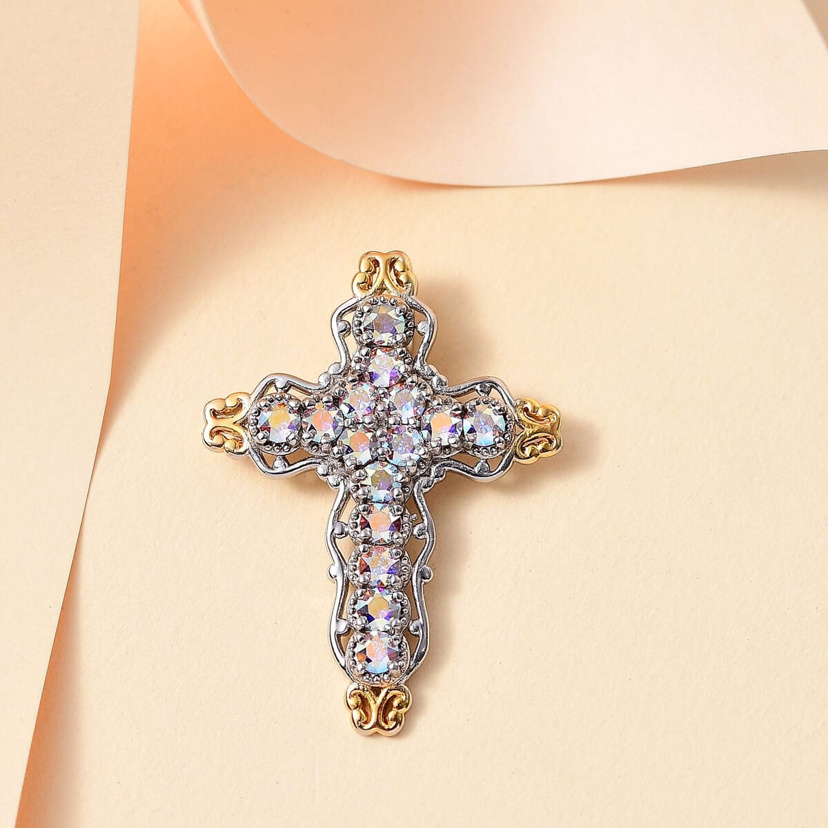 J Francis Embellished with Aurora Borealis Crystal by Swarovski Cross Pendant without Chain in 18K YG Plated and Platinum Bond image number 1