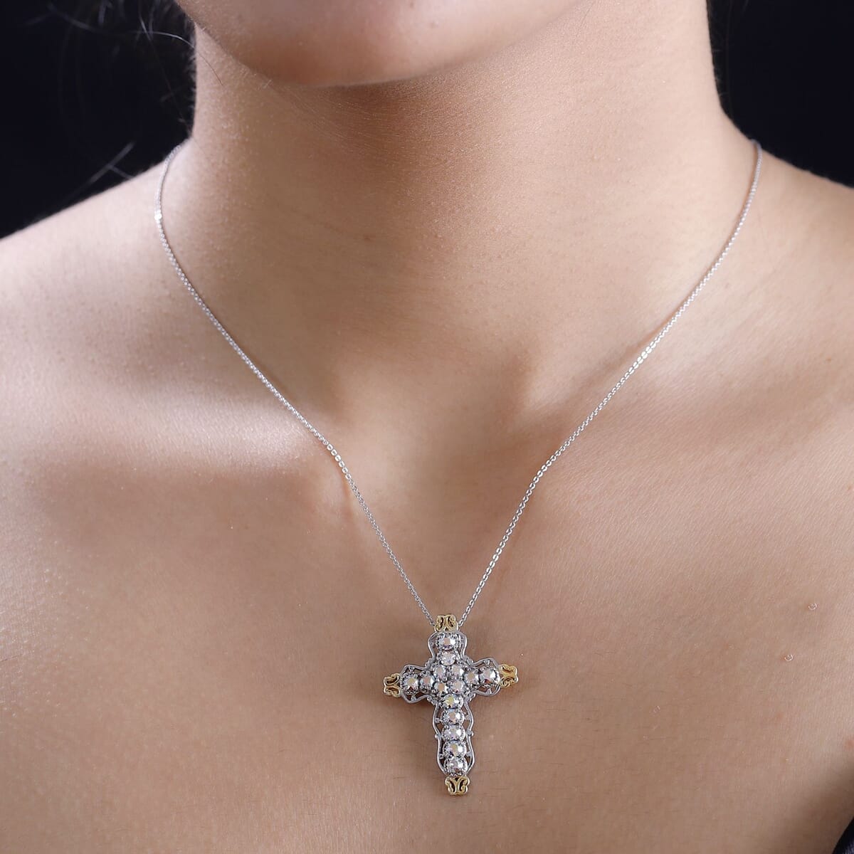 J Francis Embellished with Aurora Borealis Crystal by Swarovski Cross Pendant without Chain in 18K YG Plated and Platinum Bond image number 2