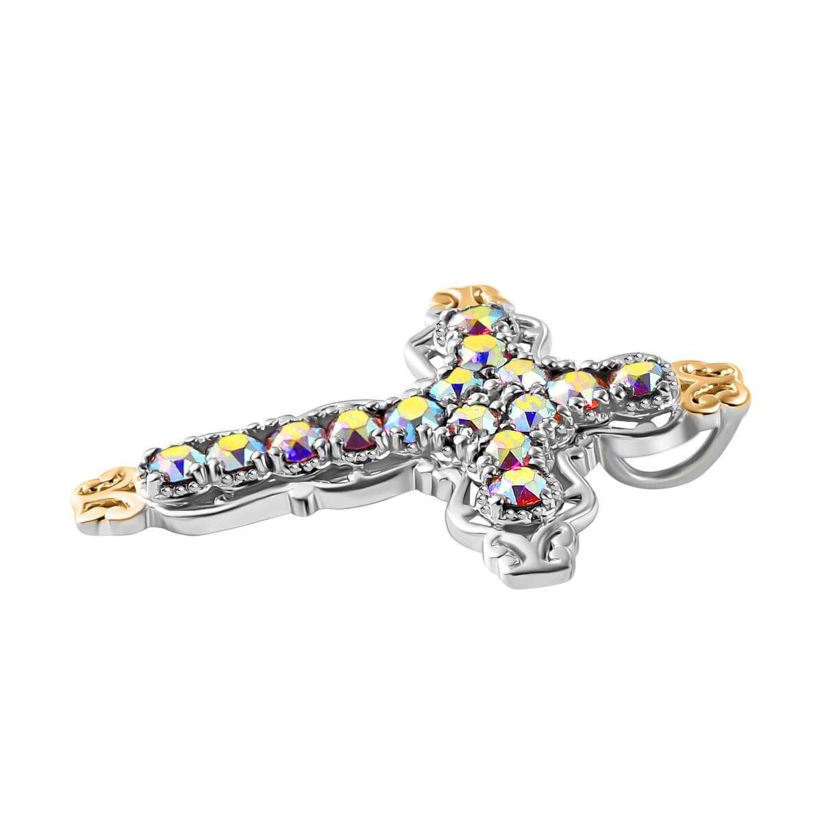 J Francis Embellished with Aurora Borealis Crystal by Swarovski Cross Pendant without Chain in 18K YG Plated and Platinum Bond image number 3