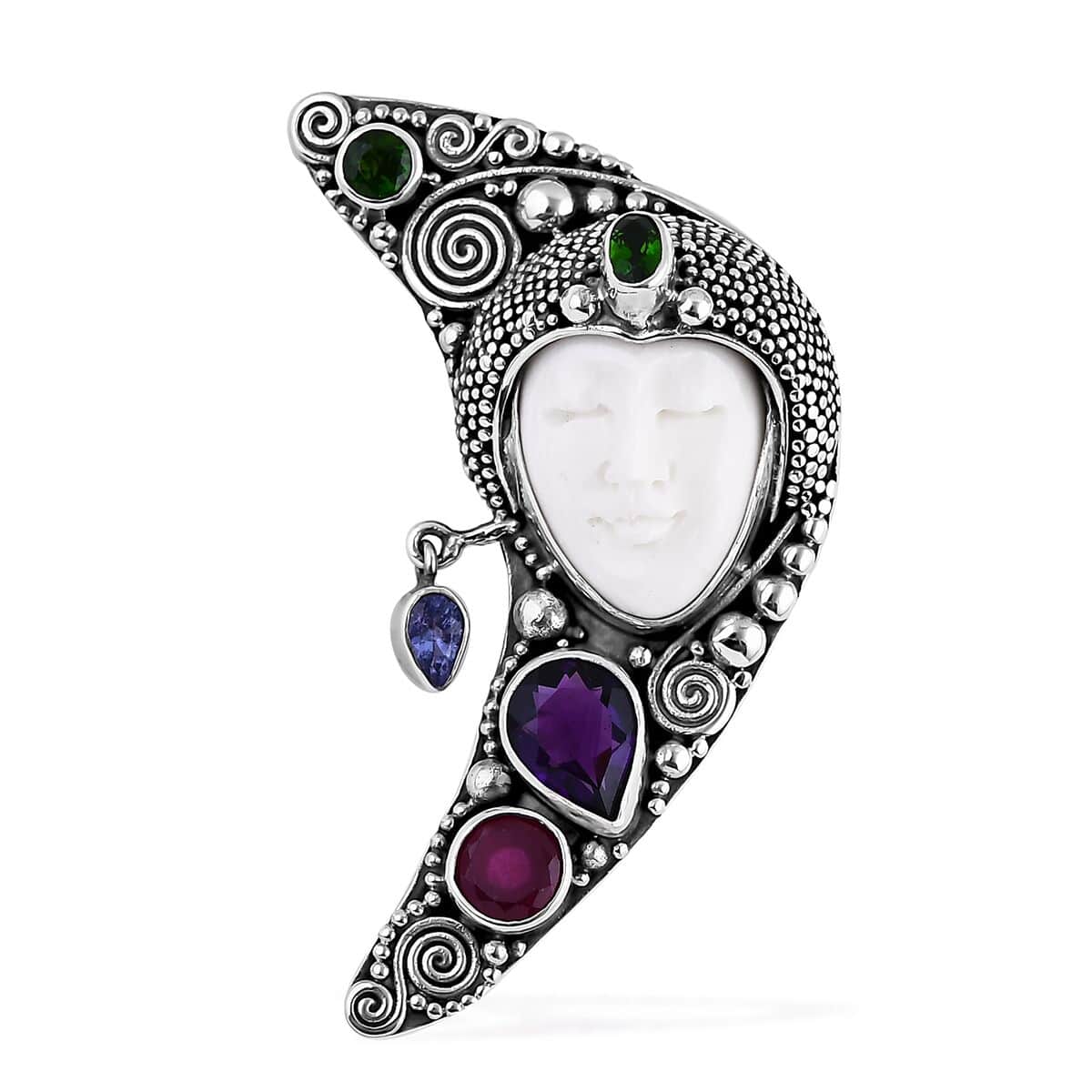 Bali Goddess Carved Bone and Multi Gemstone 3.60 ctw Pendant in Sterling Silver image number 0