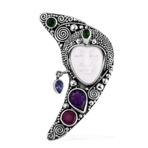 Bali Goddess Carved Bone and Multi Gemstone 3.60 ctw Pendant without Chain in Sterling Silver